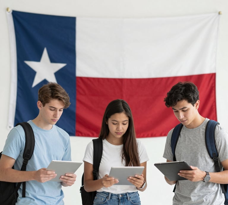 A group of diverse students smiling and holding textbooks in front of a school building.