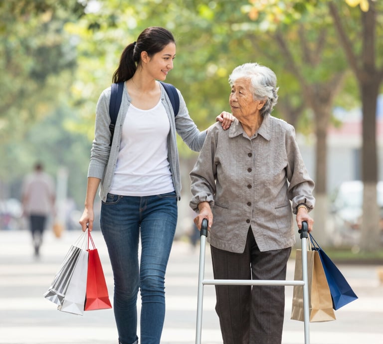 A caring caregiver helping an elderly person with daily tasks in a cozy home setting.