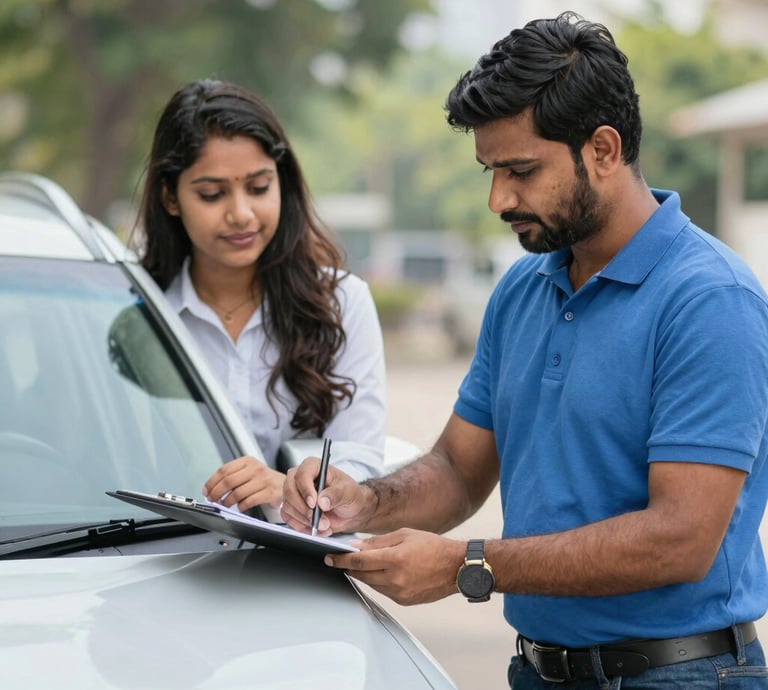 Professional surveyor examining documents with a client in a bright office.