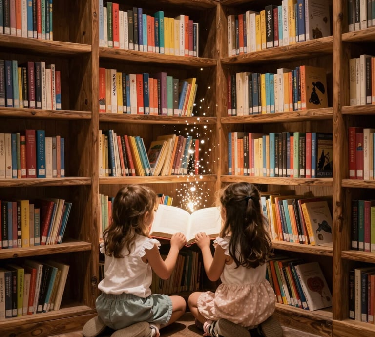 A cozy reading nook with children's chapter books featuring magical forest illustrations on the covers.