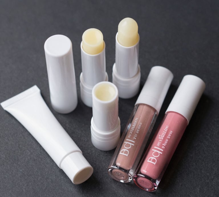 Close-up of handcrafted lip balm jars with natural ingredients around them on a wooden table