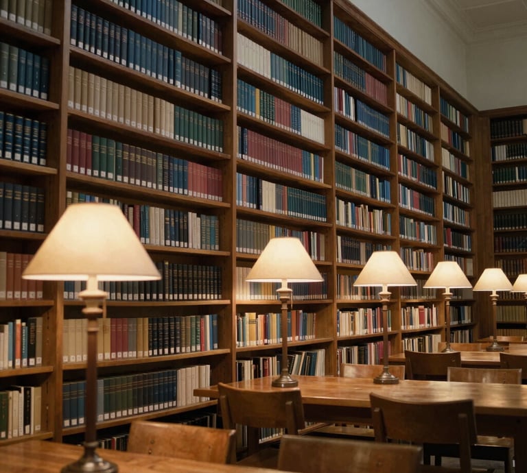 A cozy editorial workspace with books, a laptop, and warm lighting reflecting a scholarly atmosphere.