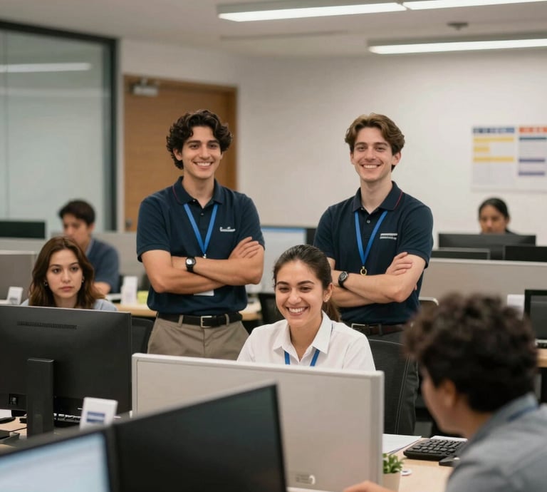 A team of professionals collaborating over laptops in a modern office space.