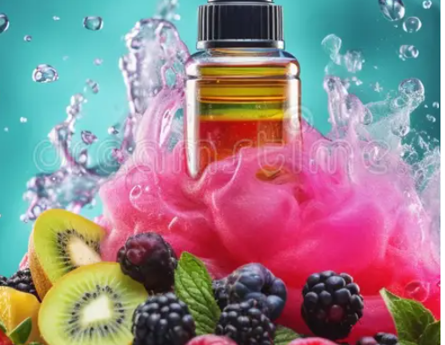E-liquid bottle splashing in pink vapor with fresh blackberries, kiwi, and mint leaves.