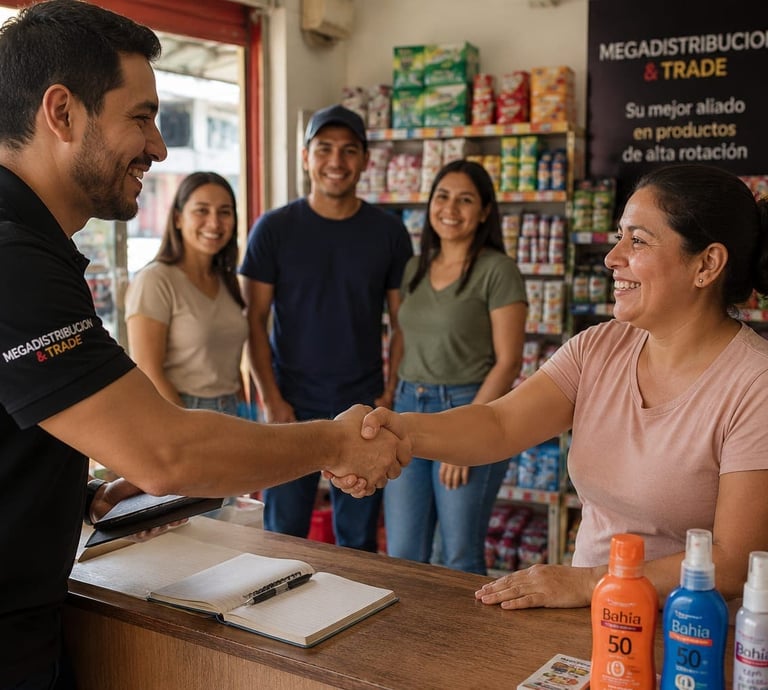 Un repartidor sonriente estrecha la mano del dueño de una tienda en el pasillo de un supermercado.