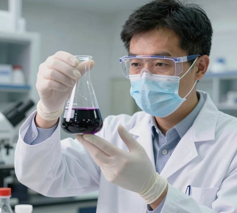 A sleek laboratory setting with deep purple and white tones reflecting a high-end biotech atmosphere.