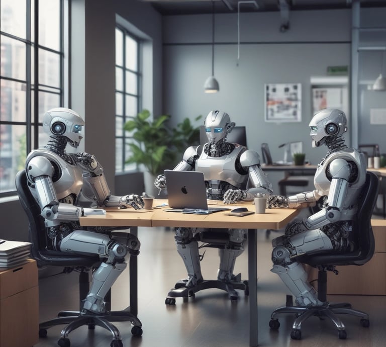 A sleek, modern workspace with a glowing AI interface on a computer screen.