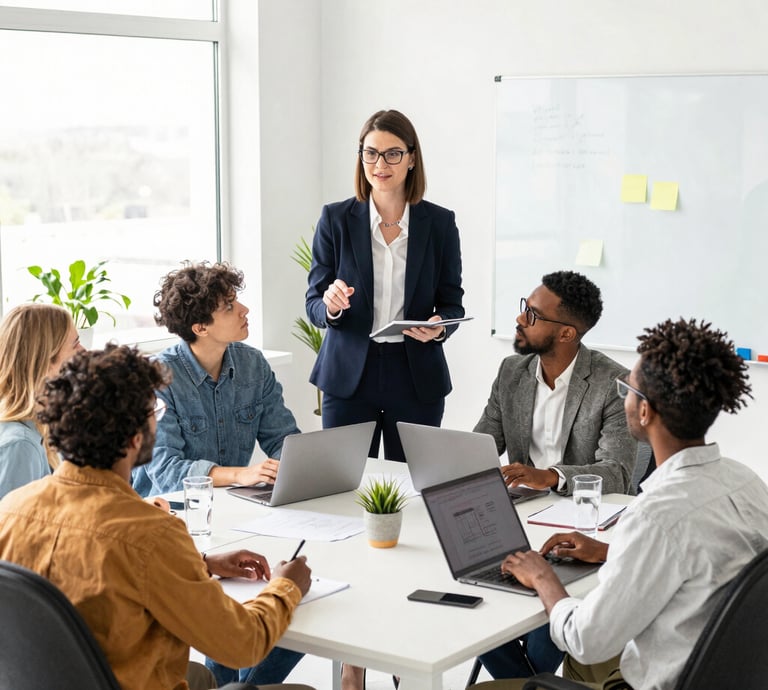 A confident business coach engaging with a small team in a bright, modern office.