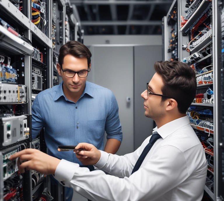 A diverse team collaborating enthusiastically around a laptop in a modern office with navy and electric blue accents.
