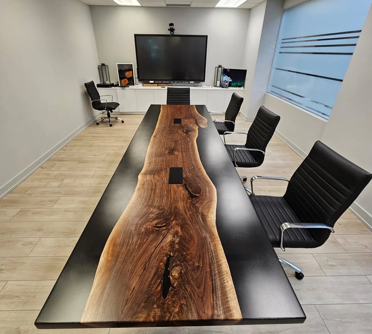 12ft x 3.5ft black walnut epoxy river boardroom table — 4Point Management