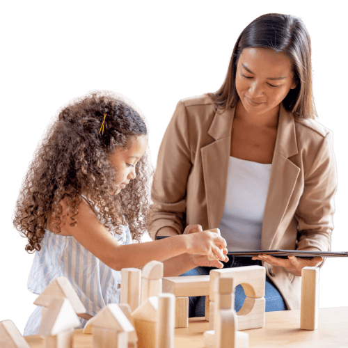 a woman and a child playing with blocks
