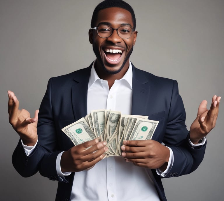 A friendly loan officer handing cash to a smiling customer in a bright office.