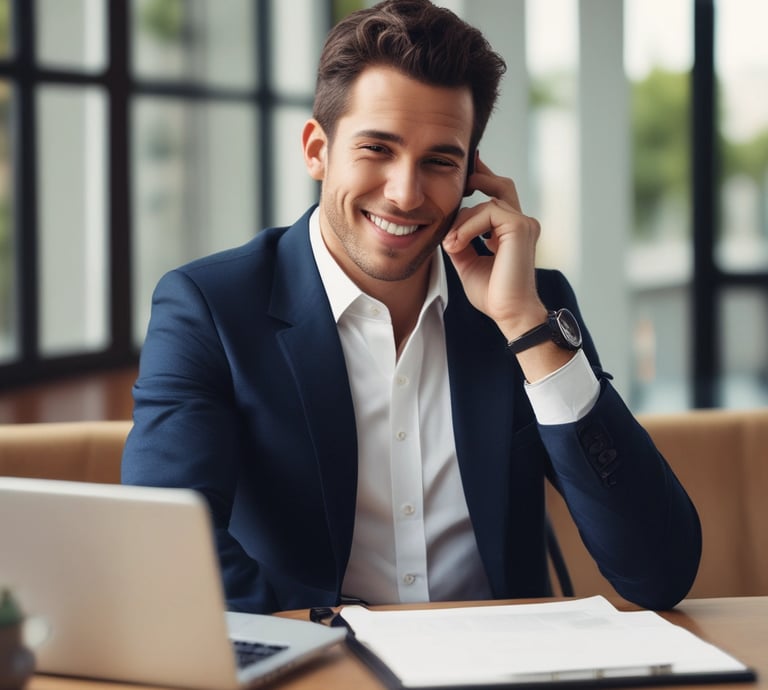 A professional team member making a confident cold call in a modern office setting.