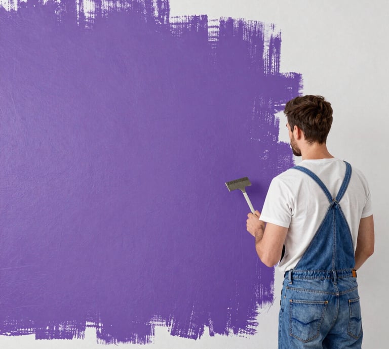 Professional painter carefully applying white paint on apartment wall with protective floor covering in Porto Alegre.