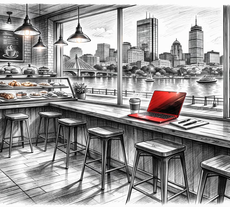 Pencil sketch of a cozy cafe interior with a red laptop and city skyline view.