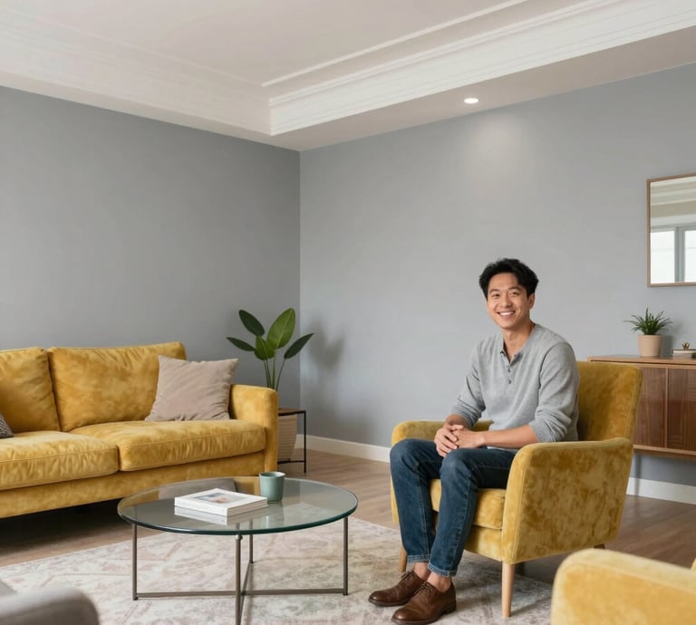 A friendly painter carefully applying navy blue paint to a home's exterior wall on a bright day.