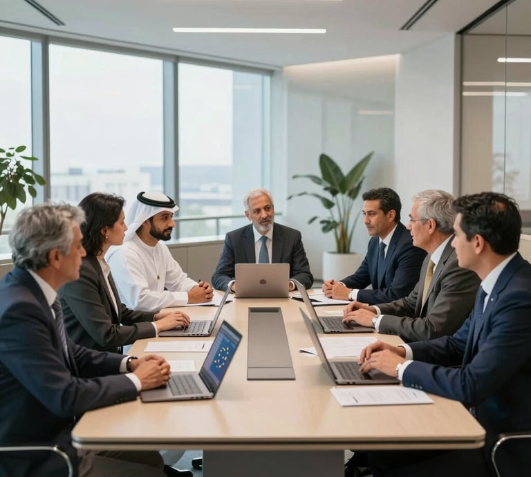A dynamic circular network graphic in blue, teal, and copper tones symbolizing global consultancy connections.