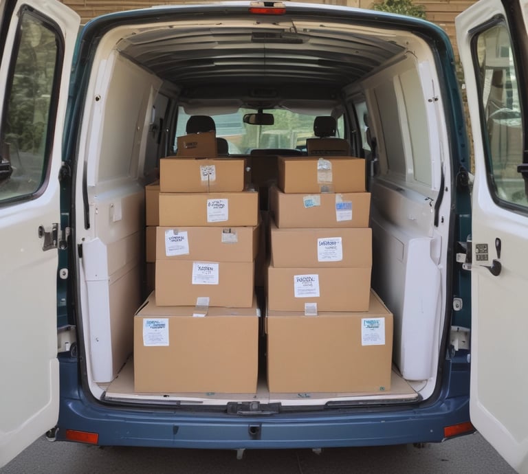 A courier in branded Odd Enterprises gear carefully handling a temperature-controlled medical package in a delivery van.