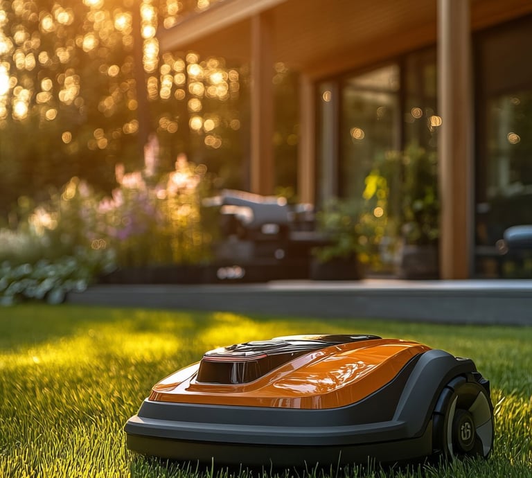 Rasenroboter bewegt sich durchs Gras