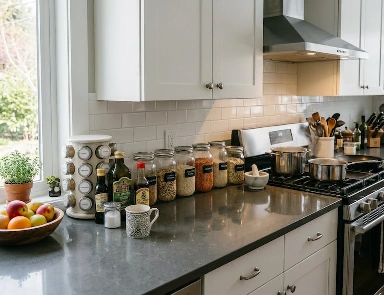 Modern organized kitchen counter with spice jars, fruit bowl, and stove in a bright white kitchen.