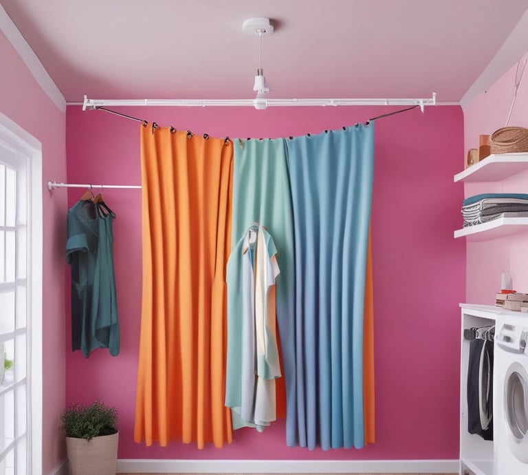 A sleek, modern pulley-type cloth drying system with neon blue and purple gradients glowing softly against a dark background.