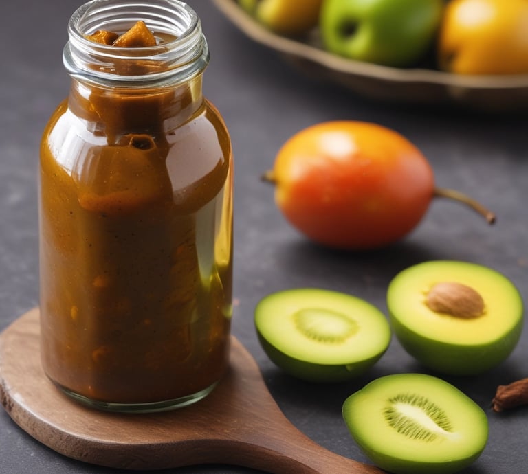 Close-up macro shot of a fiery red mango pickle jar glowing under neon lime light