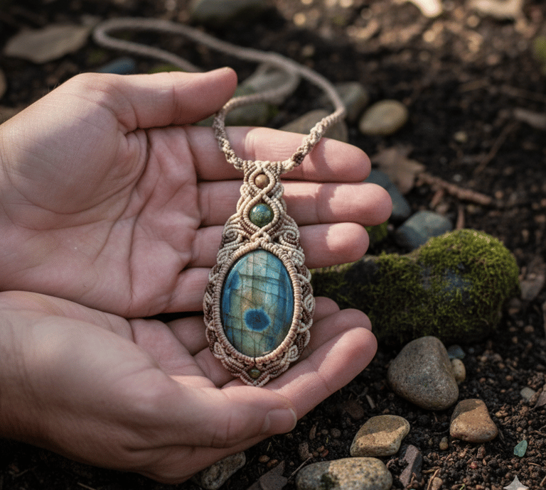 Collar de macramé hecho a mano con un colgante de piedra de labradorita sostenido por manos abiertas