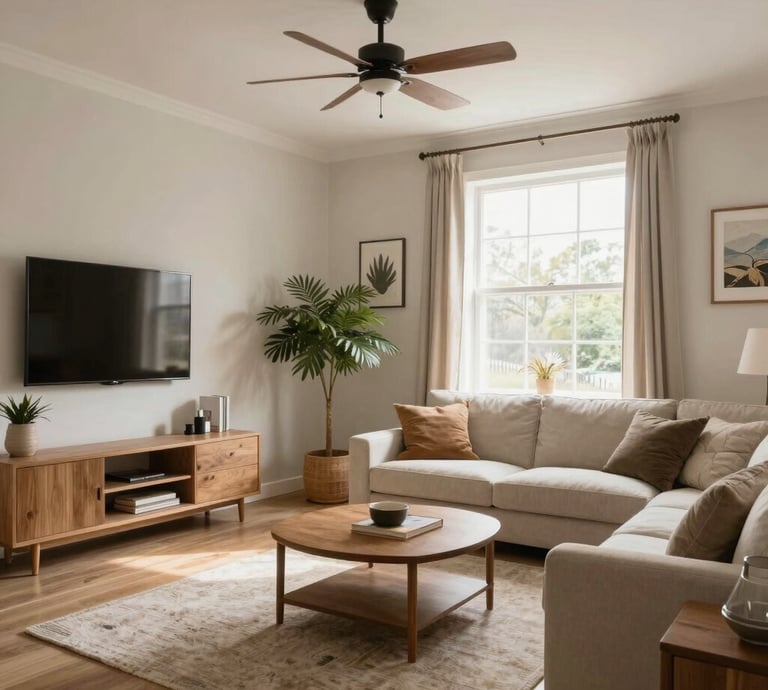 A friendly cleaner in aqua uniform gently wiping a sunlit window in a cozy living room.