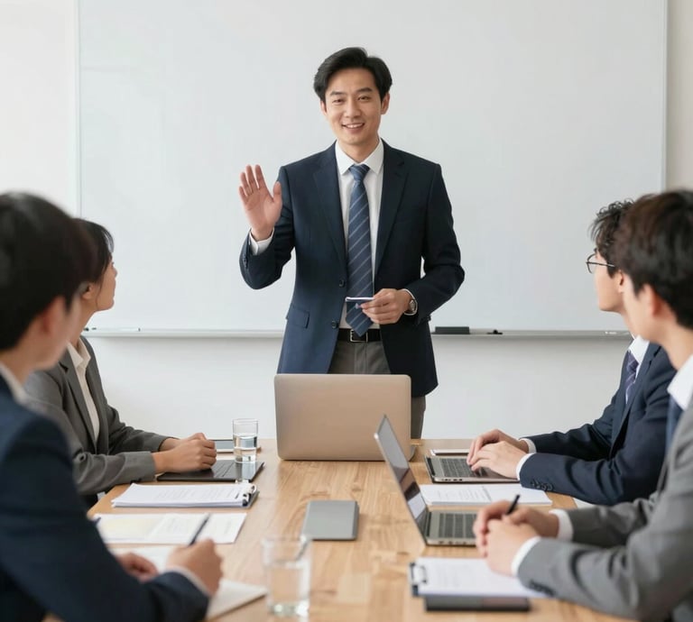 A confident leader standing before a team, pointing towards a bright horizon symbolizing change and growth.