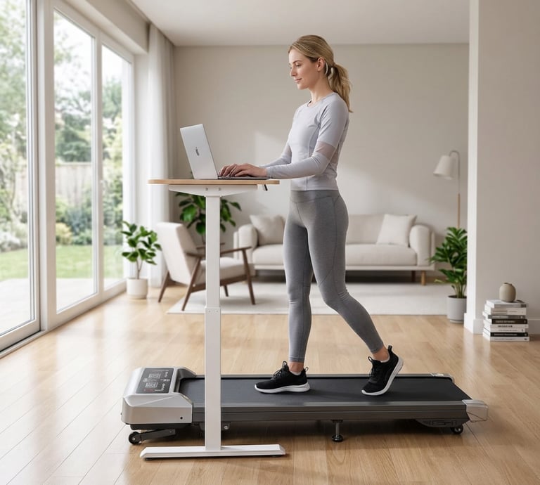 Woman walking on a treadmill while working on a laptop at a standing desk.