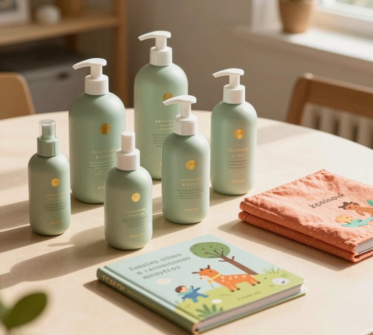 A high-end editorial photograph of sustainably packaged kids hygiene products and educational storybooks arranged neatly on a warm beige table in North American / Global Multicultural setting. Bright, natural sunshine highlights soft sage green bottles, refined gold details, and cheerful coral fabric accents in an organized aesthetic.