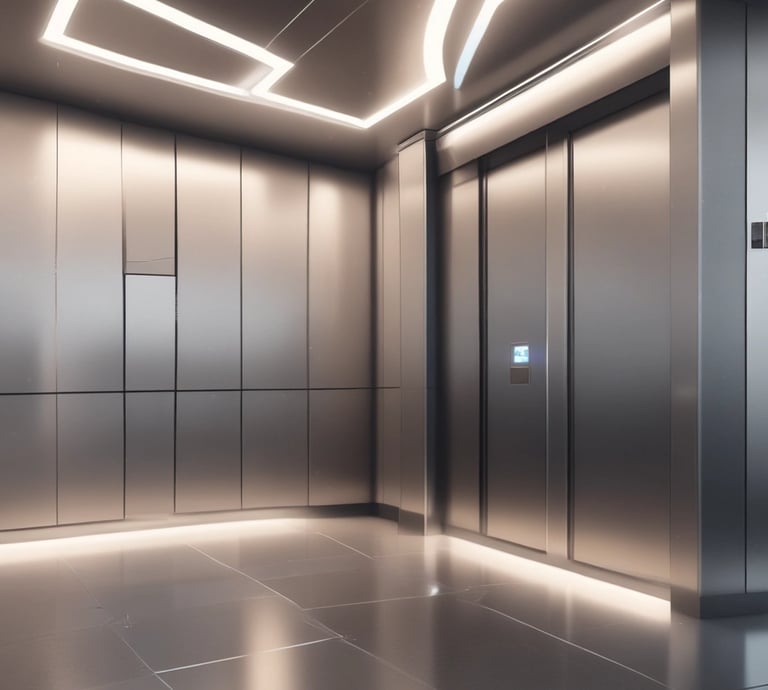 A modern elevator shaft with glass walls inside a high-rise commercial building.