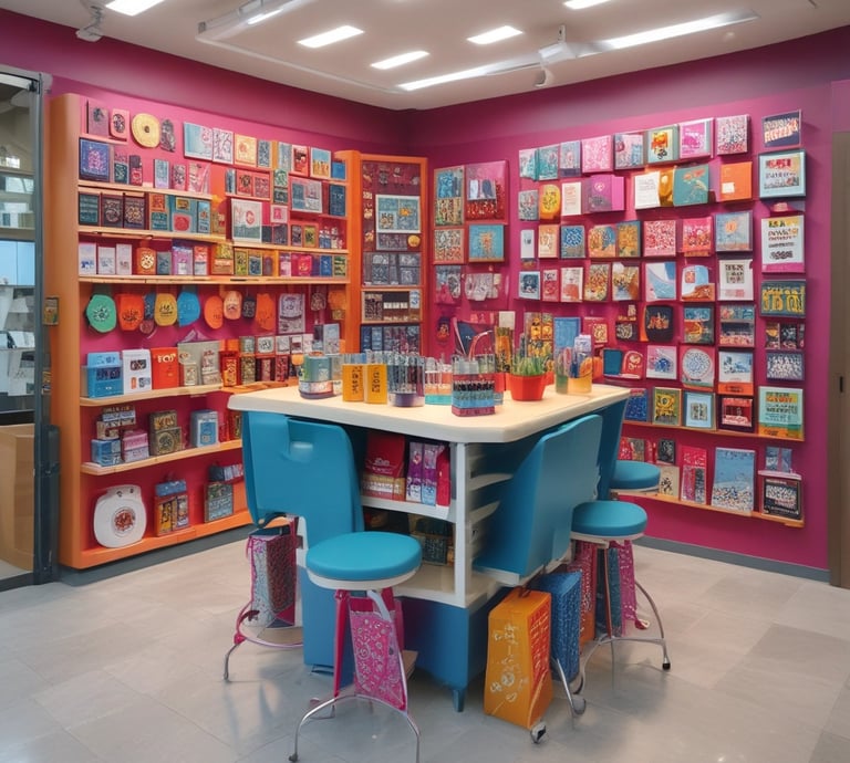 A vibrant display of custom-branded tote bags, caps, and notebooks arranged on a sleek table at a corporate event.