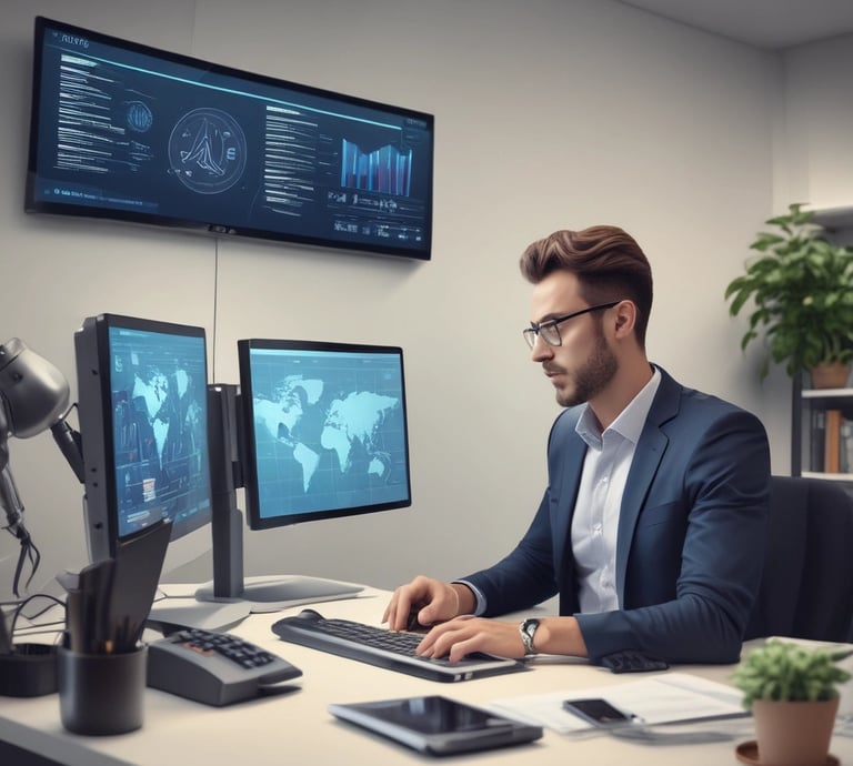A calm office scene at night with a glowing computer screen showing an AI interface managing calls.