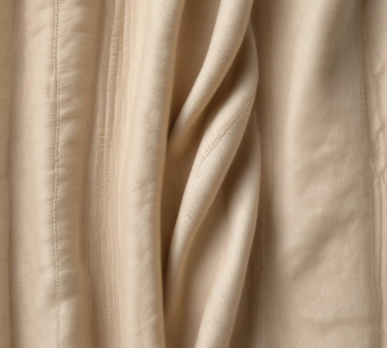 Rustic-modern upholstery workshop with artisan hands sewing velvet fabric.