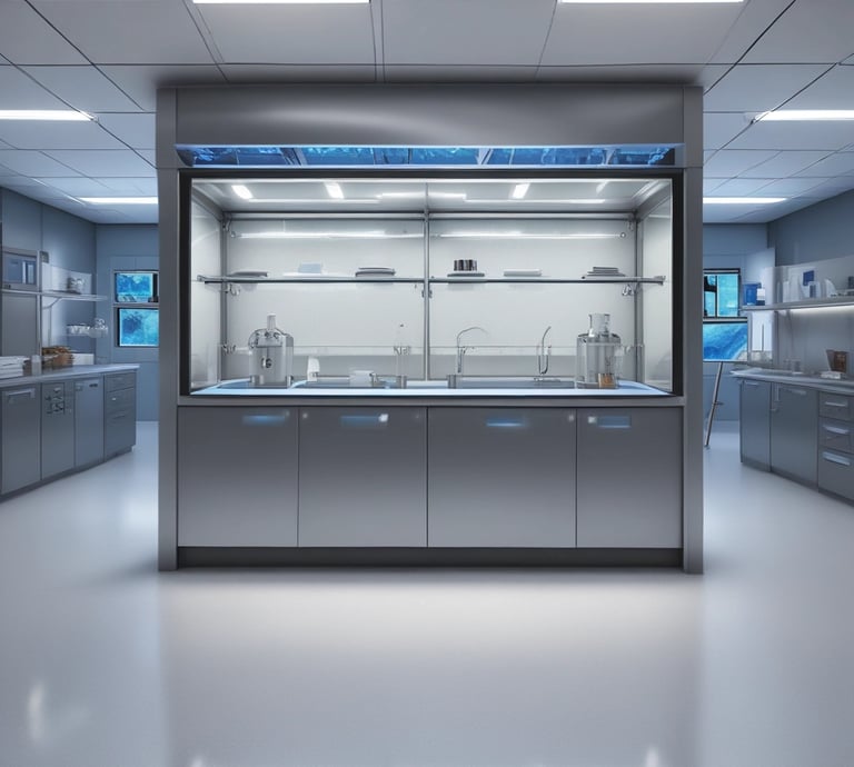 Modern lab fume hood made of stainless steel and glass with glowing blue airflow lines, set against an anthracite high-tech lab background in 8k resolution.
