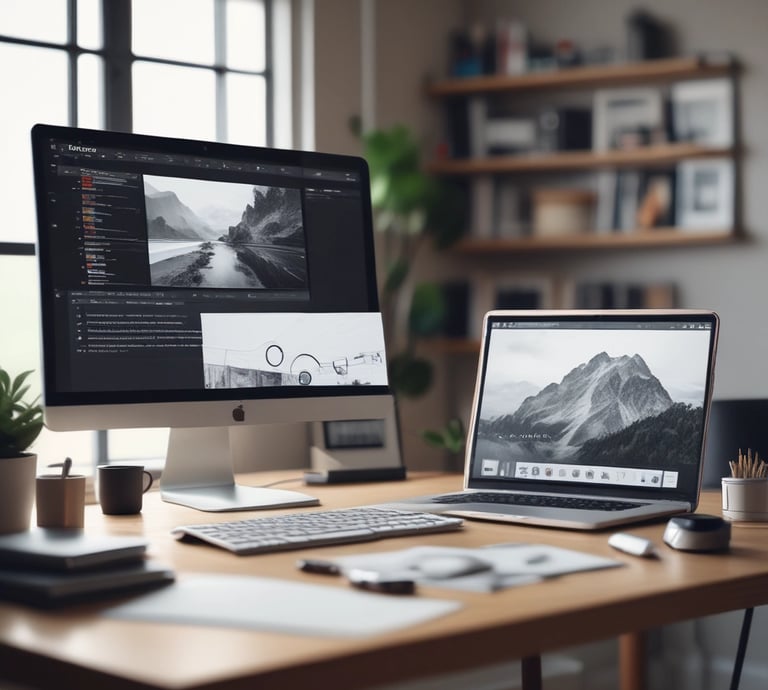 A sleek workspace with dual monitors displaying vibrant video editing and graphic design projects.