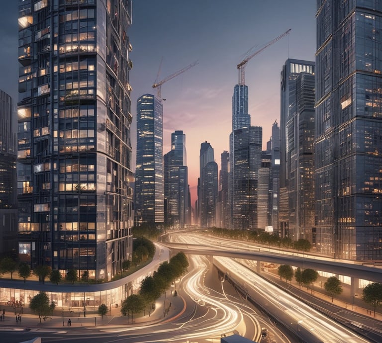 A professional team discussing blueprints at an airport construction site during sunset.