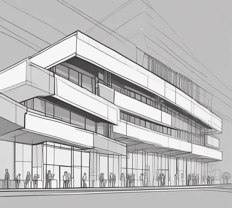 A professional team discussing blueprints at an airport construction site during sunset.