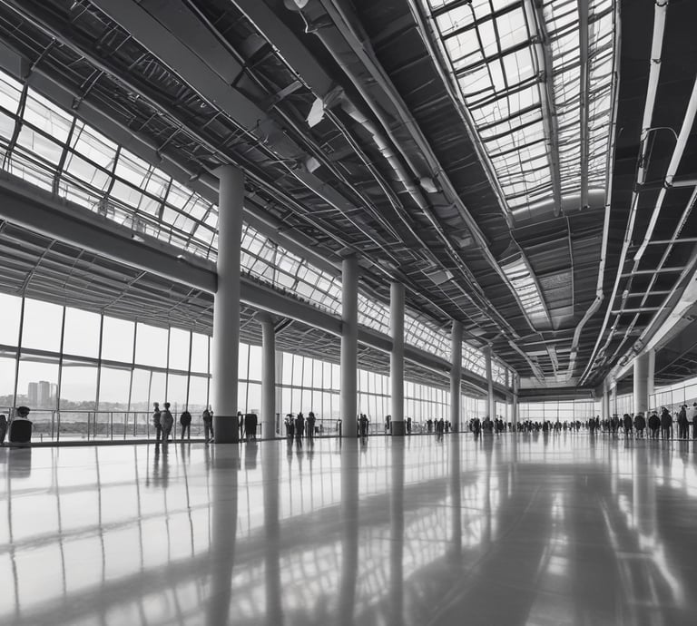 A professional team discussing blueprints at an airport construction site during sunset.