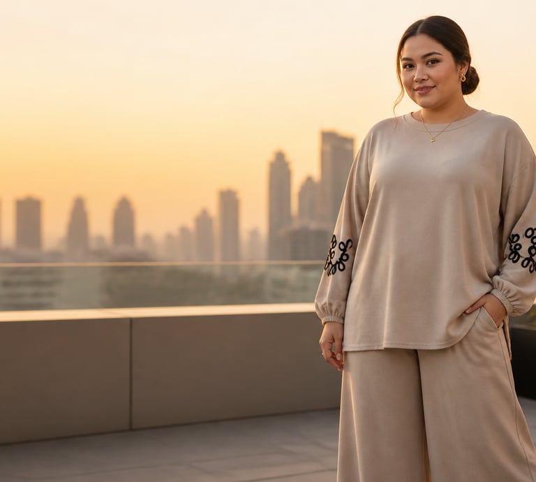 A woman wearing a beige modest lounge set on a rooftop terrace at sunset with a city skyline background.
