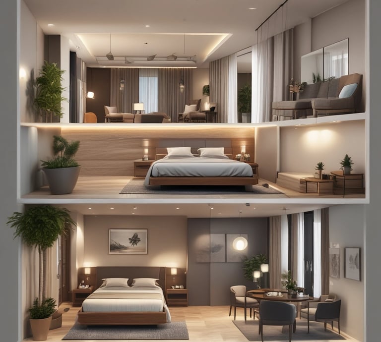 A warmly lit room at Green Leaf Residency showcasing modern decor with navy blue and parrot green accents and a comfortable bed.