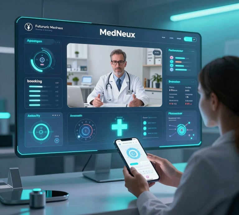 A sleek glassmorphism card displaying a smiling doctor consulting a patient via video call on a tablet.