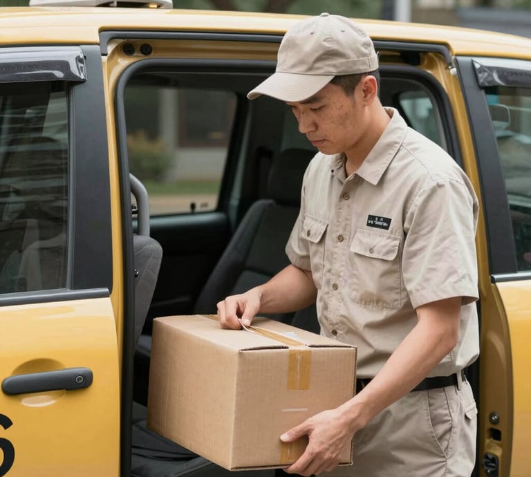 A professional courier in uniform holding a package beside a delivery van at dawn.