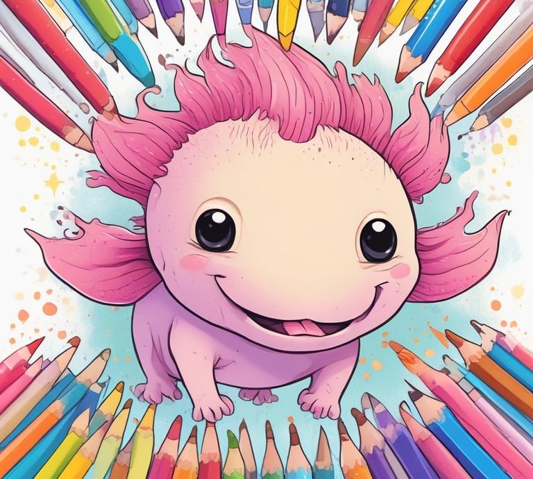 A whimsical illustration of a playful axolotl in chibi style surrounded by coloring pencils