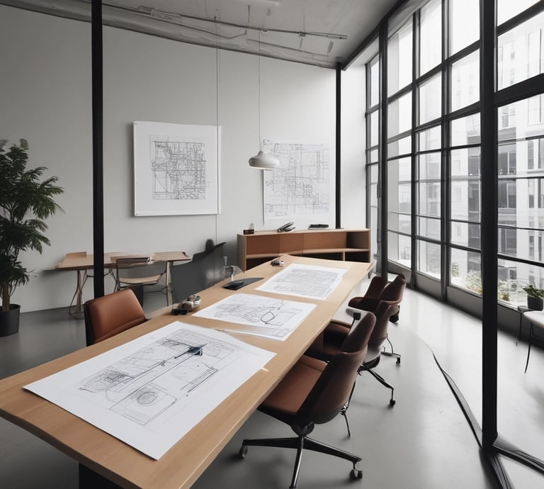 A team of architects and builders collaborating over blueprints in a bright, modern office.