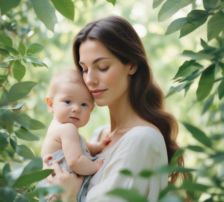 A mother gently holding her baby surrounded by soft, natural-colored products.