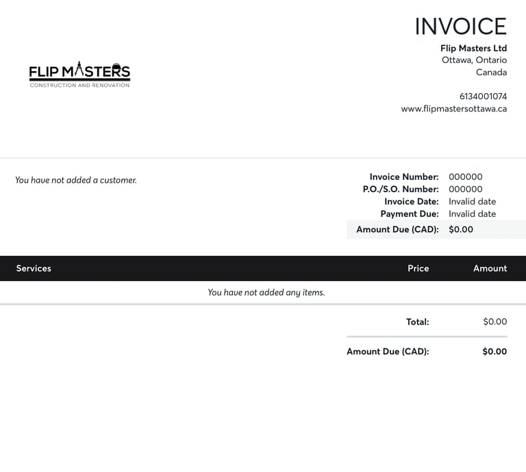 Flip Masters Ltd construction and renovation service invoice template with logo and business contact details.
