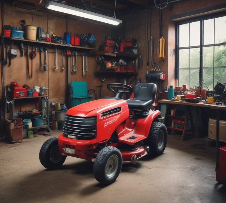 a red lawn mower parked in an organized tool shed