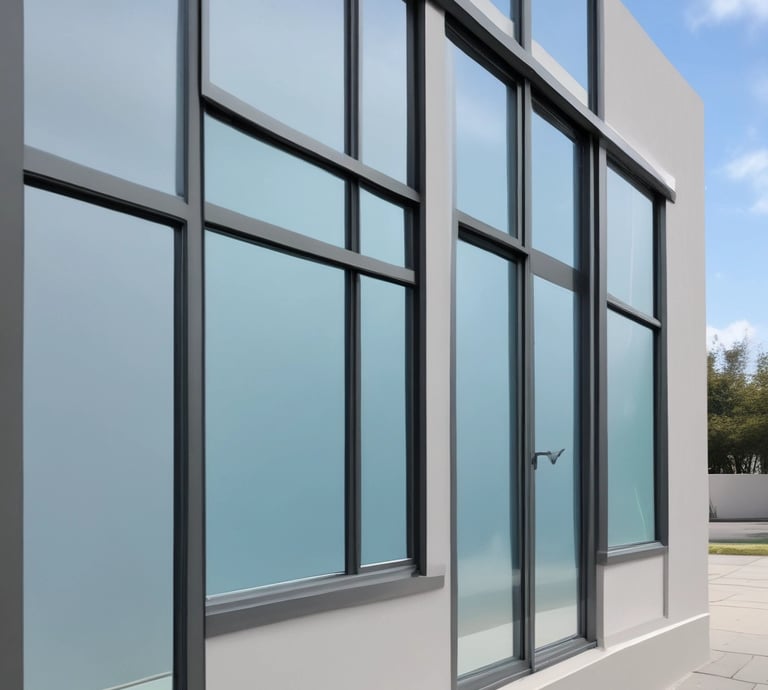 Dark mode photo of a professional window cleaner carefully wiping a large glass pane with city lights reflected.